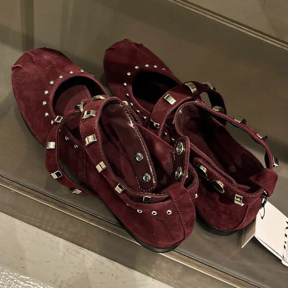 🍷 ZARA Leather Studded Ballet Flats NWT | Burgundy Suede Buckle Strap 7.5–8 - Picture 9 of 16
